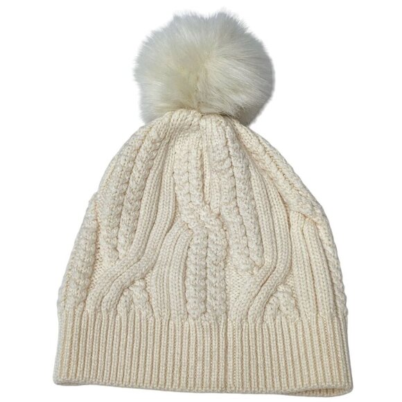 CLUB MONACO Adorelli Hat Cable Knit Wool Beanie with Faux Fur Pompom Cream - Picture 3 of 8